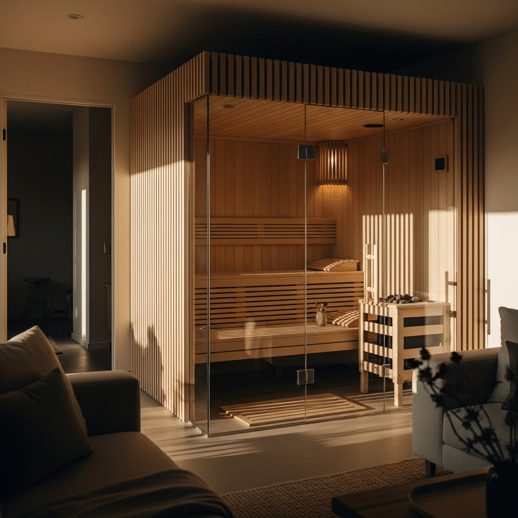 3D prikaz drvene saune u interijeru – KUBIQ