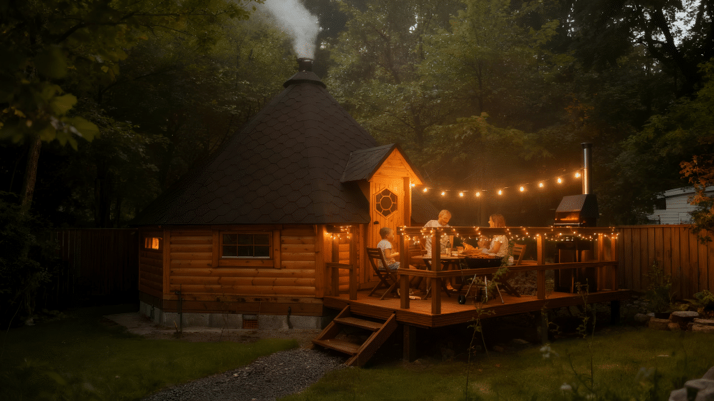 Drvena roštilj kućica s dimnjakom i rasvjetom Drvena roštilj kućica s dimnjakom i rasvjetom