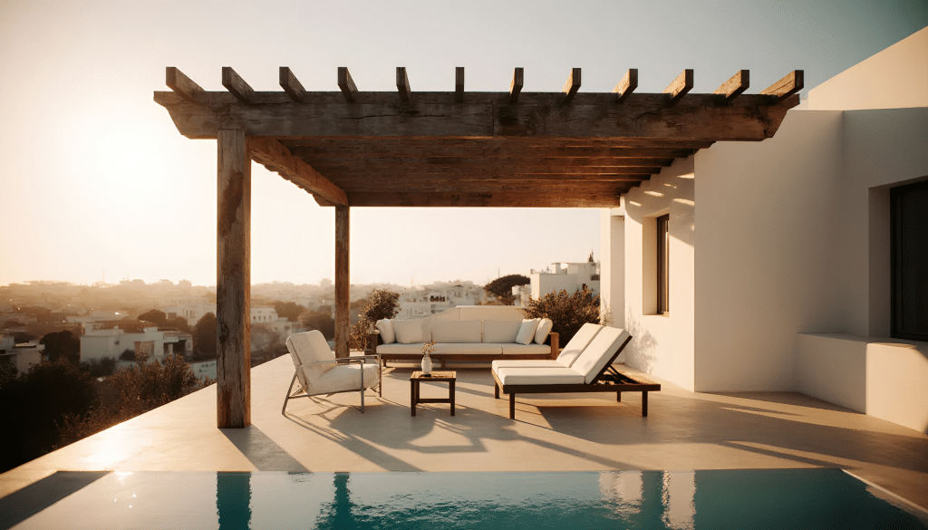 Pergole i sjenice Drvena pergola i sjenica na sunčanoj terasi