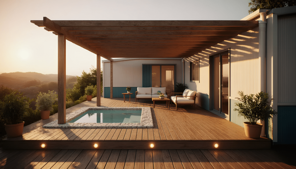 Terase za mobilne kućice Drvena terasa za mobilnu kućicu s pergolom