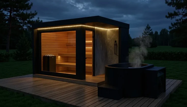 KUBIQ sauna i cold plunge u večernjem outdoor wellness ambijentu