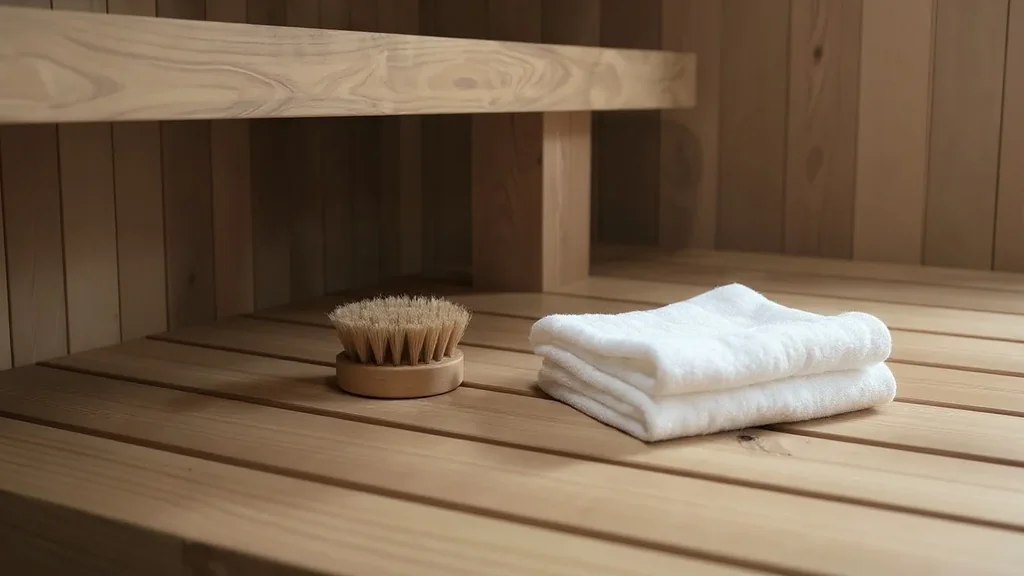 Outdoor sauna noću s vidljivom toplom unutrašnjošću od termo drva i mekano osvijetljenim prostorom oko terase