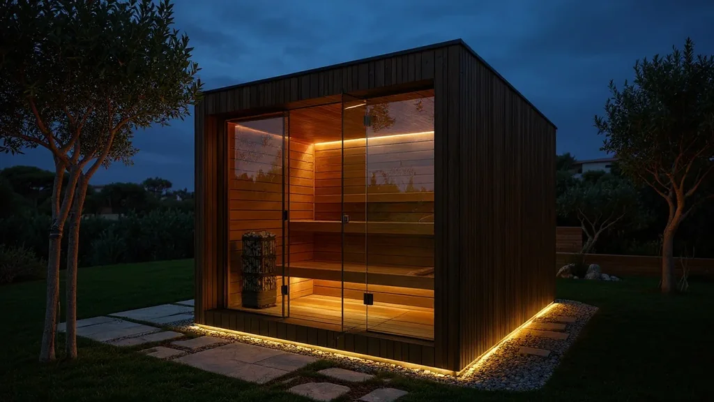 KUBIQ outdoor sauna u večernjem wellness ambijentu s toplom rasvjetom