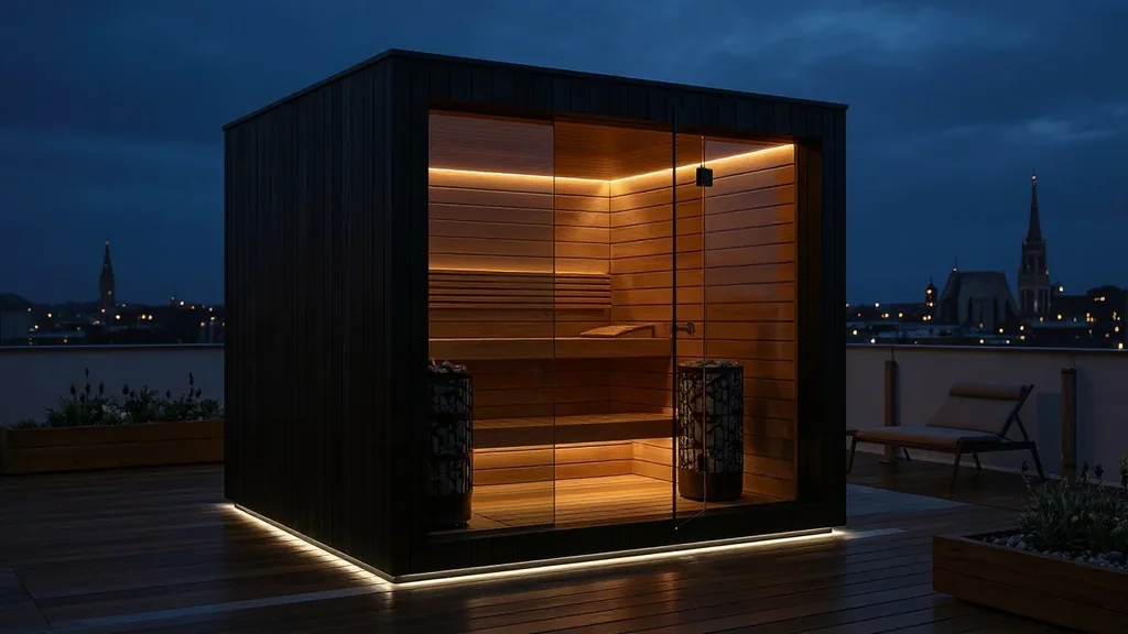 KUBIQ sauna s tamnom Shou Sugi Ban charred wood fasadom u večernjem outdoor wellness ambijentu