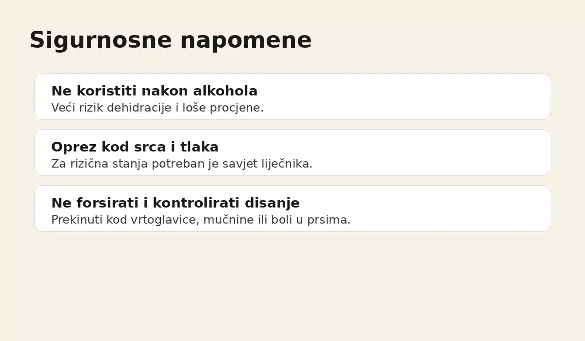 Sigurnosne napomene za contrast terapiju — alkohol, srce i tlak, kontrola disanja