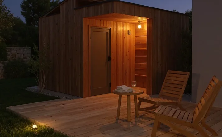 Večernji odmor nakon sauna rituala u outdoor wellness prostoru